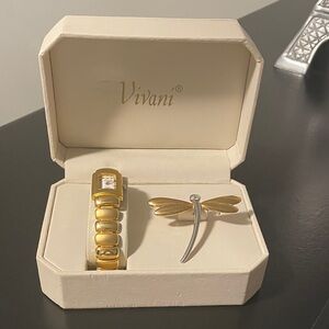 Vivani watch and dragonfly brooch pin jewelry